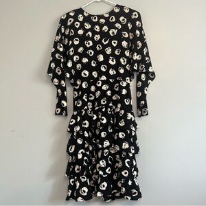 Vintage 90s Ruffled Silk Midi Dress Sz 10 Black White Dolman Sleeve Tiered Skirt